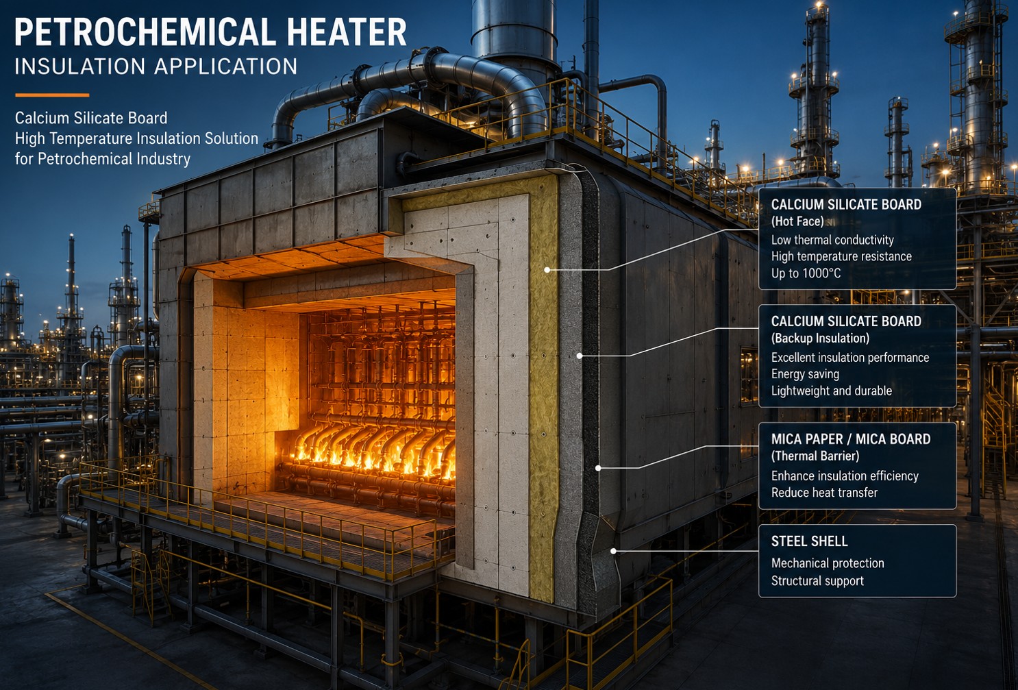 Calcium silicate insulation on a petrochemical process heater